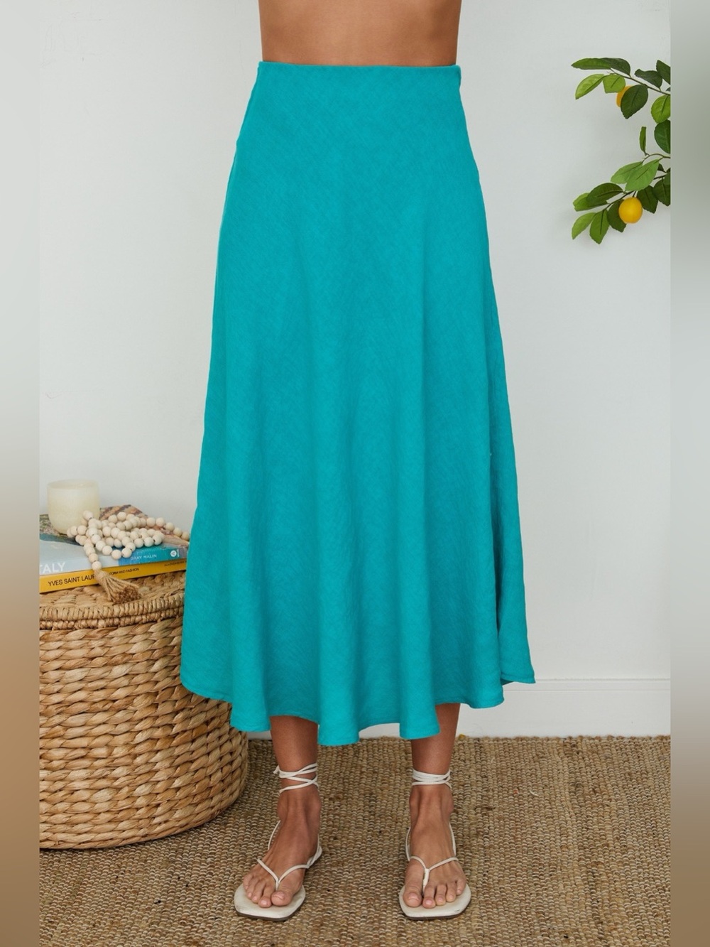 (113002-CAP) SOLID LINEN MIDI SKIRT - Picture 1 of 4